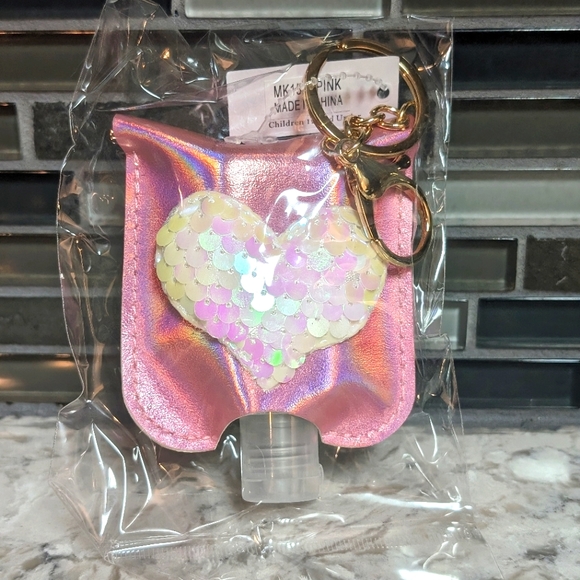 Pink w/ White Sequin Heart Hand Sanitizer Keychain - Picture 1 of 2